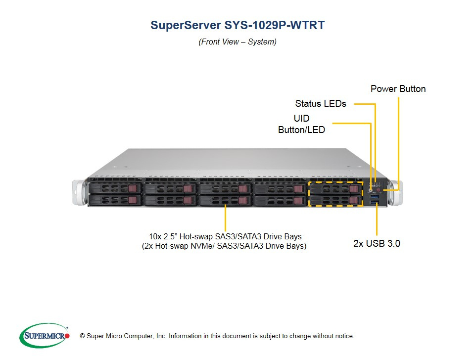 Supermicro SuperServer 1029P-WTRT - Server - Rack-Montage - 1U - zweiweg - keine CPU - RAM 0 GB - SATA/PCI Express - Hot-Swap 6.4 cm (2.5")