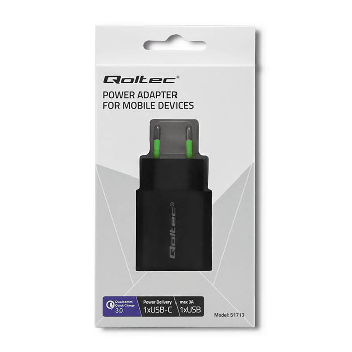 Qoltec 51713 Charger| 18W| 5-12V| 1.5-3A| USB type C PD| USB QC 3.0| Black