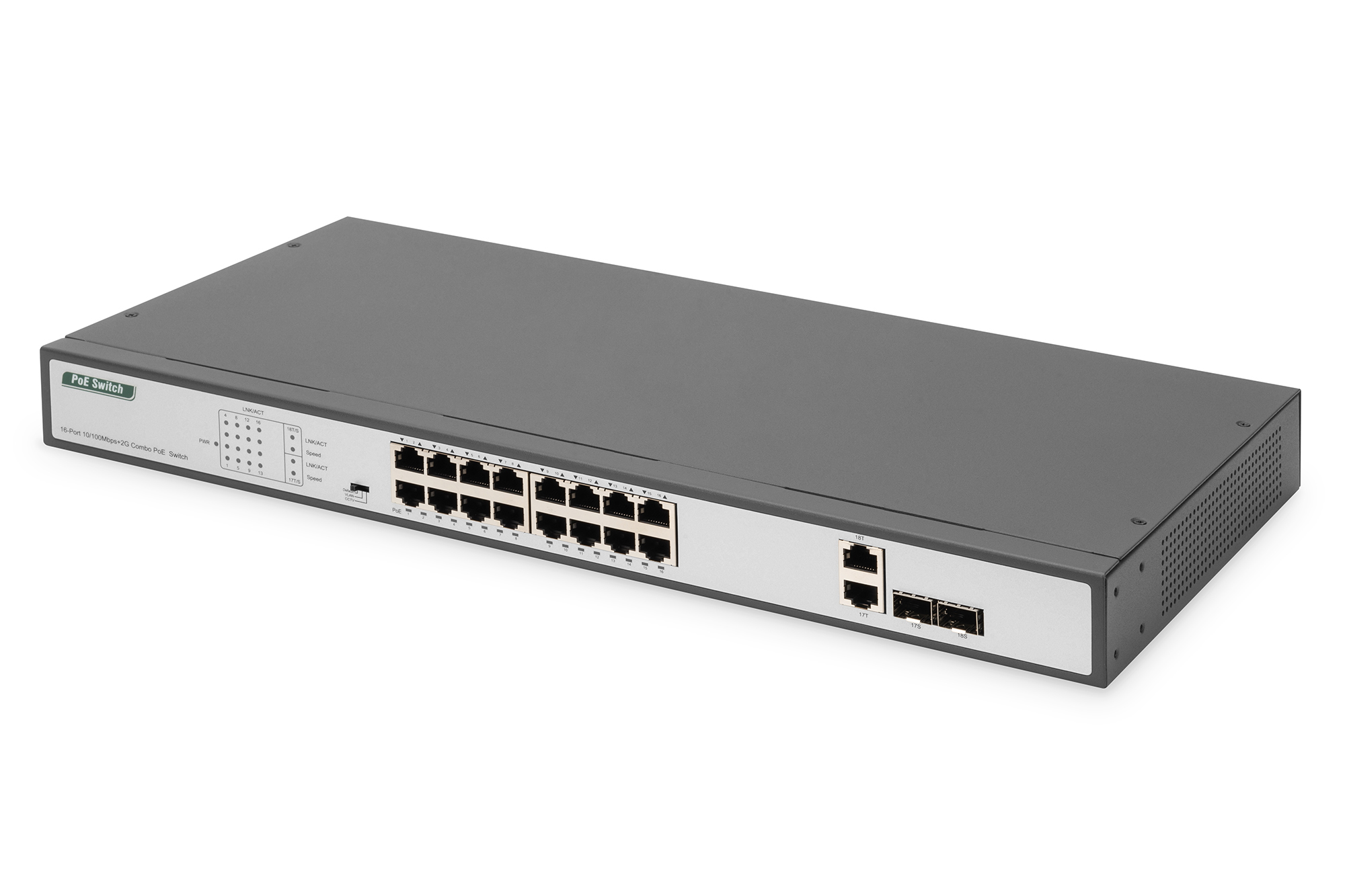DIGITUS 16-Port Fast Ethernet PoE Switch, 19 Zoll, Unmanaged, 2 Uplinks