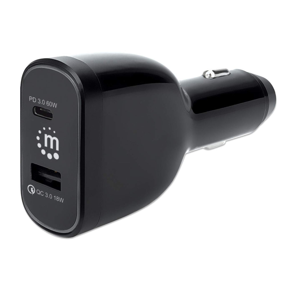 Manhattan Car/Auto Charger, USB-C & USB-A Outputs, USB-C Power Delivery up to 60W, USB-A Charging up to 18W (QC 3.0)