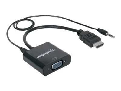 Manhattan HDMI auf VGA-Konverter, HDMI-Stecker auf VGA-Buchse, mit Audio, optionaler USB Micro-B-Stromport, schwarz - Video- / Audio-Adapter - HDMI männlich zu HD-15 (VGA)