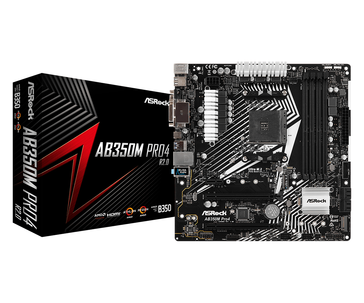 ASRock AB350M Pro4 R2.0 - Motherboard - micro ATX - Socket AM4 - AMD B350 Chipsatz - USB 3.1 Gen 1, USB-C Gen1 - Gigabit LAN - Onboard-Grafik (CPU erforderlich)