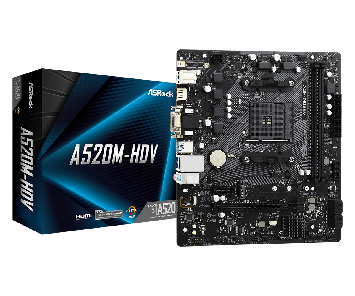 ASRock A520M-HDV - Motherboard - micro ATX - Socket AM4 - AMD A520 Chipsatz - USB 3.2 Gen 1 - Gigabit LAN - Onboard-Grafik (CPU erforderlich)