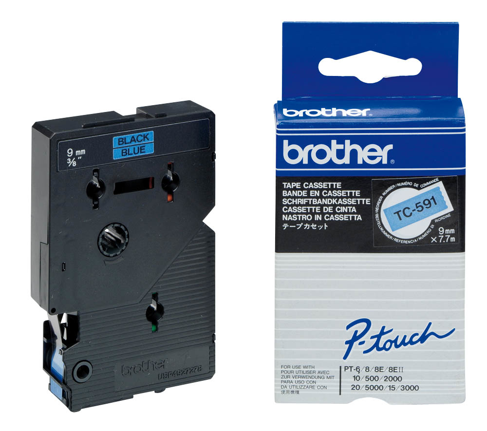 Brother TC591 - 9 mm x Schwarz auf Blau - laminiertes Band