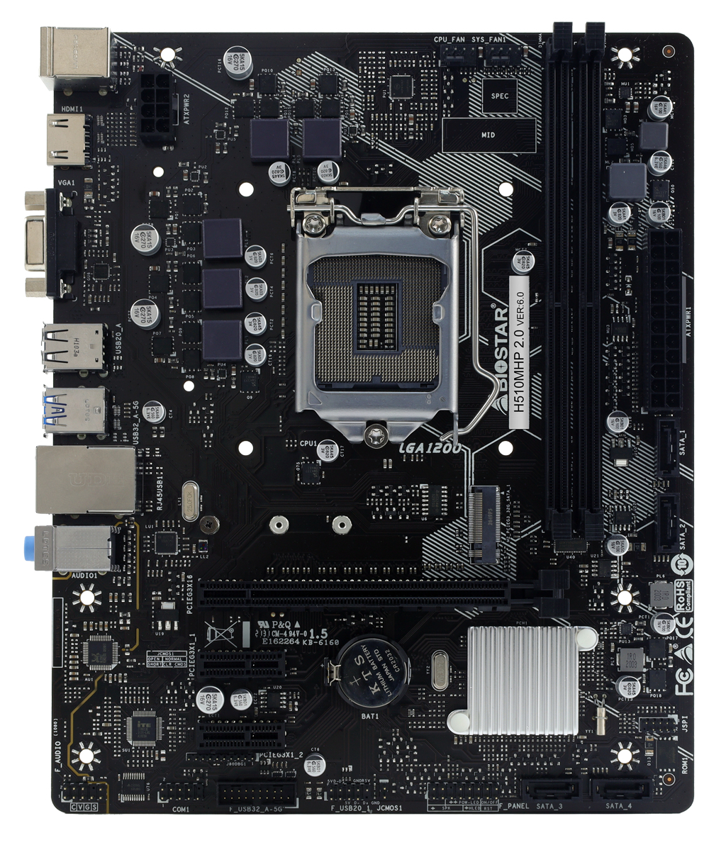 Biostar H510MHP 2.0 - Intel - LGA 1200 - Intel® Celeron® - Intel® Core™ i3 - Intel® Core™ i5 - Intel® Core™ i7 - Intel® Core™ i9 - Intel® Pentium® - DDR4-SDRAM - 64 GB - DIMM