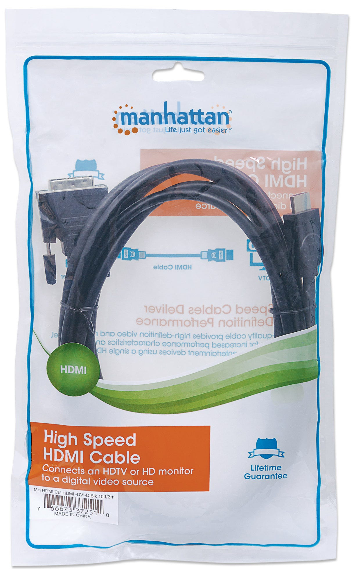 Manhattan HDMI to DVI-D 24+1 Cable, 3m, Male to Male, Black, Equivalent to Startech HDDVIMM3M, Dual Link, Compatible with DVD-D, Lifetime Warranty, Polybag