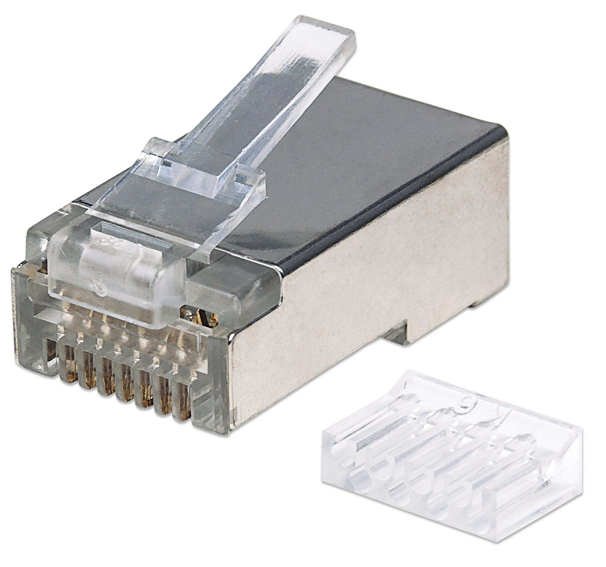 Intellinet 90er-Pack Cat6 RJ45-Modularstecker Pro Line, STP, 3-Punkt-Aderkontaktierung, für Litzen- und Massivdraht, 90 Stecker im Becher, 50 µ vergoldete Kontakte - Netzwerkanschluss - RJ-45 (M)