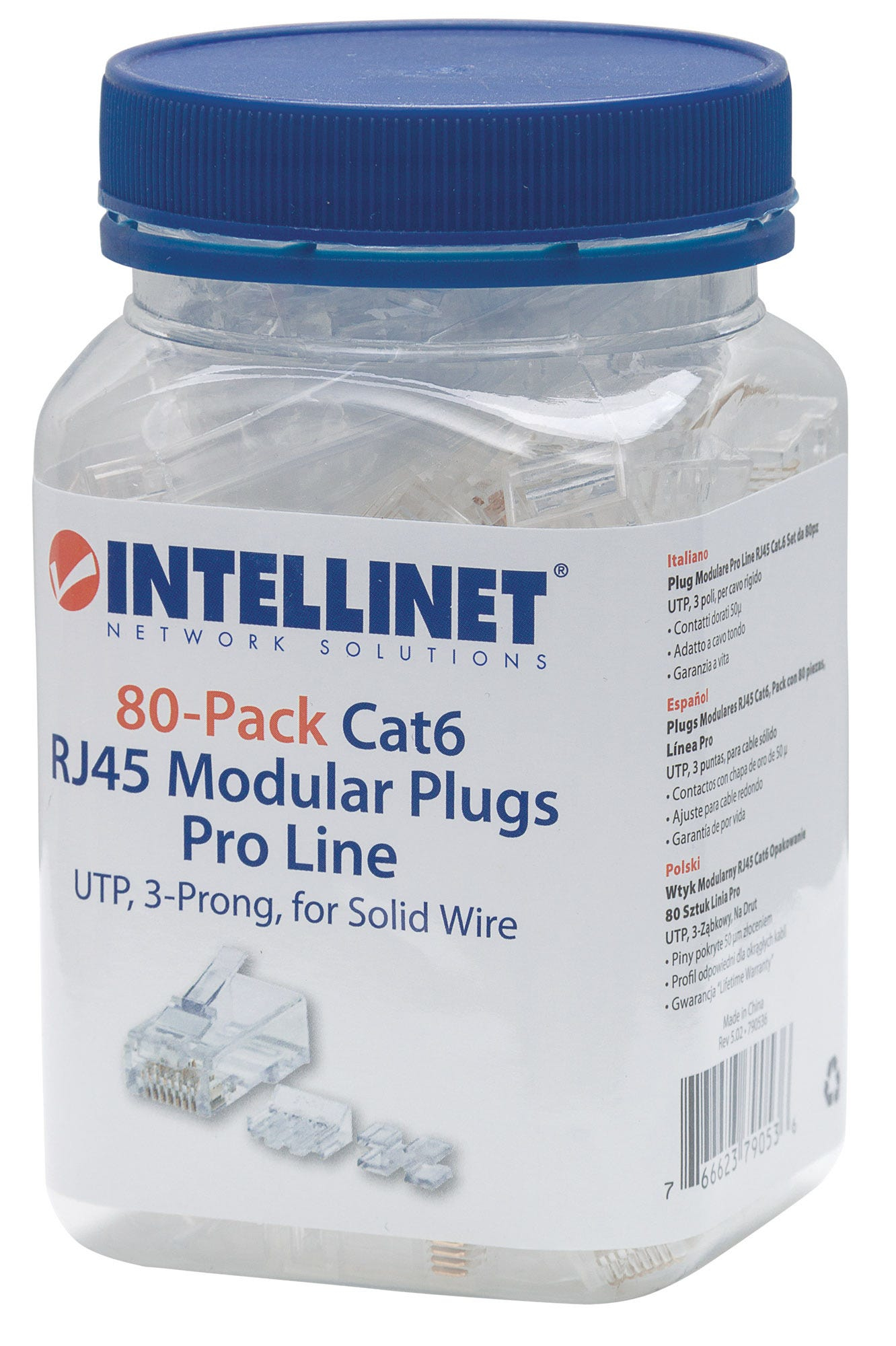 Intellinet 80er-Pack Cat6 RJ45-Modularstecker Pro Line, UTP, 3-Punkt-Aderkontaktierung, für Massivdraht, 80 Stecker im Becher, 50 µ vergoldete Kontakte - Netzwerkanschluss - RJ-45 (M)