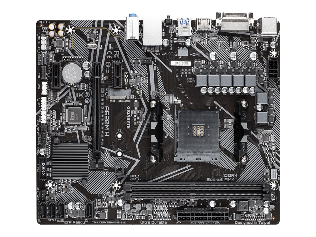 Gigabyte A520M H - 1.0 - Motherboard - micro ATX - Socket AM4 - AMD A520 Chipsatz - USB 3.2 Gen 1 - Gigabit LAN - Onboard-Grafik (CPU erforderlich)
