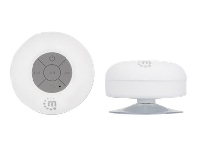 Manhattan Bluetooth Shower Speaker (Clearance Pricing), Waterproof design with suction-cup mount, Omnidirectional Mic, Integrated Controls, 5 hour Playback time, Range 10m, Output 3W, USB-A charging cable included, Bluetooth v4.0, White, 3 Years Warranty,