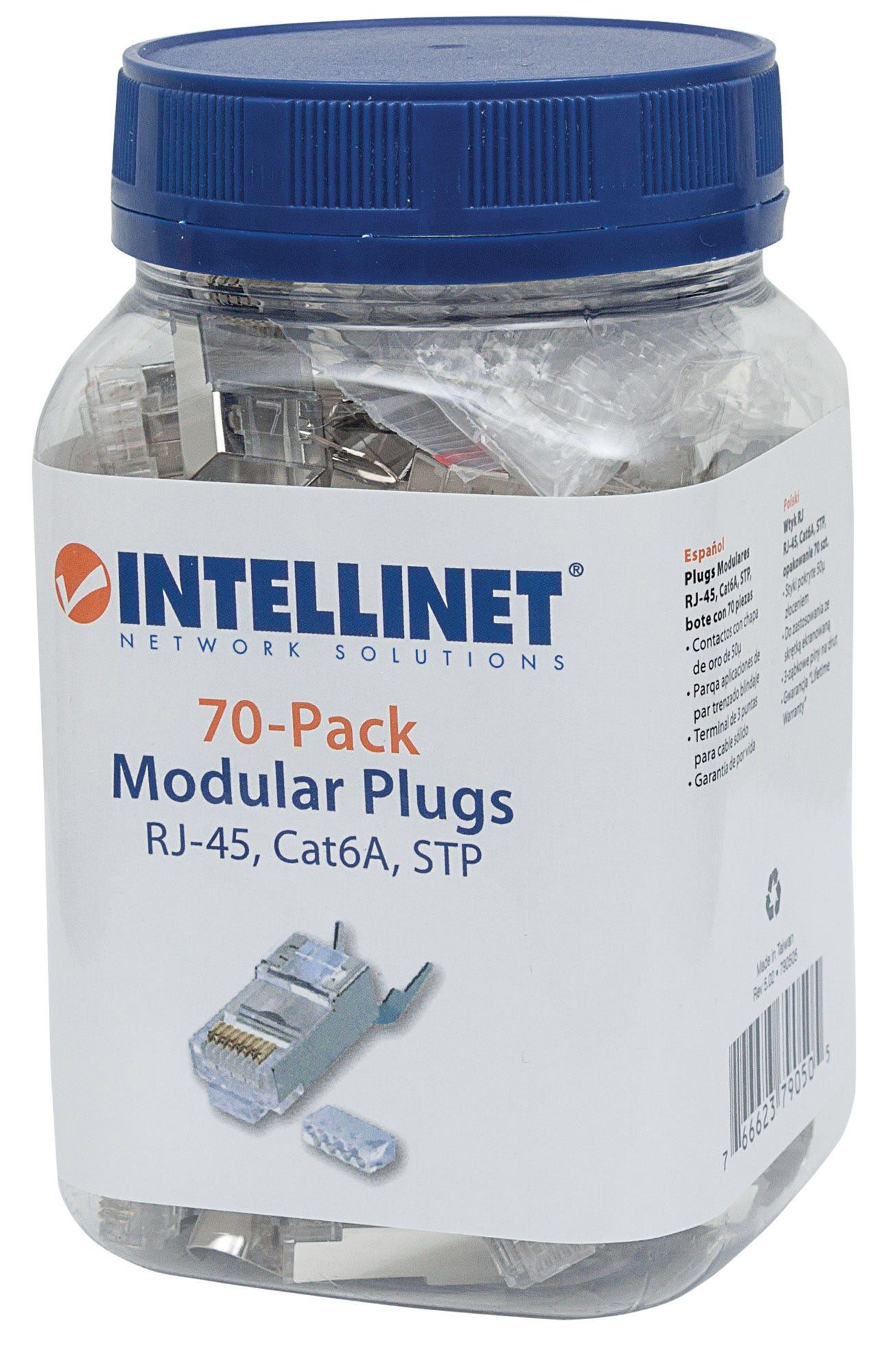 Intellinet 70er-Pack Cat6A RJ45-Modularstecker Pro Line, STP, 3-Punkt-Aderkontaktierung, für Litzen- und Massivdraht, 70 Stecker im Becher, 50 µ vergoldete Kontakte - Netzwerkanschluss - RJ-45 (M)