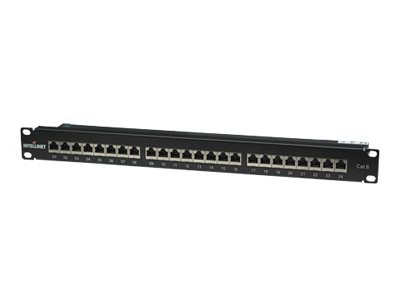 Intellinet 24-Port Cat6 Patchpanel, geschirmt, 24 Ports, FTP, 1 HE, Klemmleisten mit 90 Grad abgewinkelten Kabeleinführungen, schwarz - Patch Panel - CAT 6 - FTP - RJ-45 X 24 - Schwarz - 1U - 48.3 cm (19")