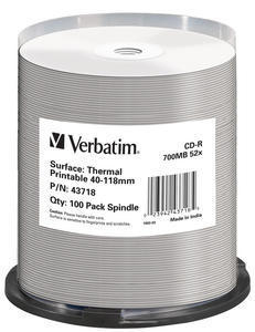 Verbatim 100 x CD-R - 700 MB 52x - breite bedruckbare Oberfläche, bedruckbare Fläche für Thermo-Retransfer