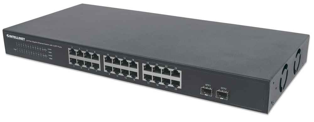 Intellinet 24-Port Gigabit Ethernet Switch mit 2 SFP-Ports, 24 x 10/100/1000 Mbit/s RJ45-Ports + 2 x SFP, IEEE 802.3az (Energy Efficient Ethernet)