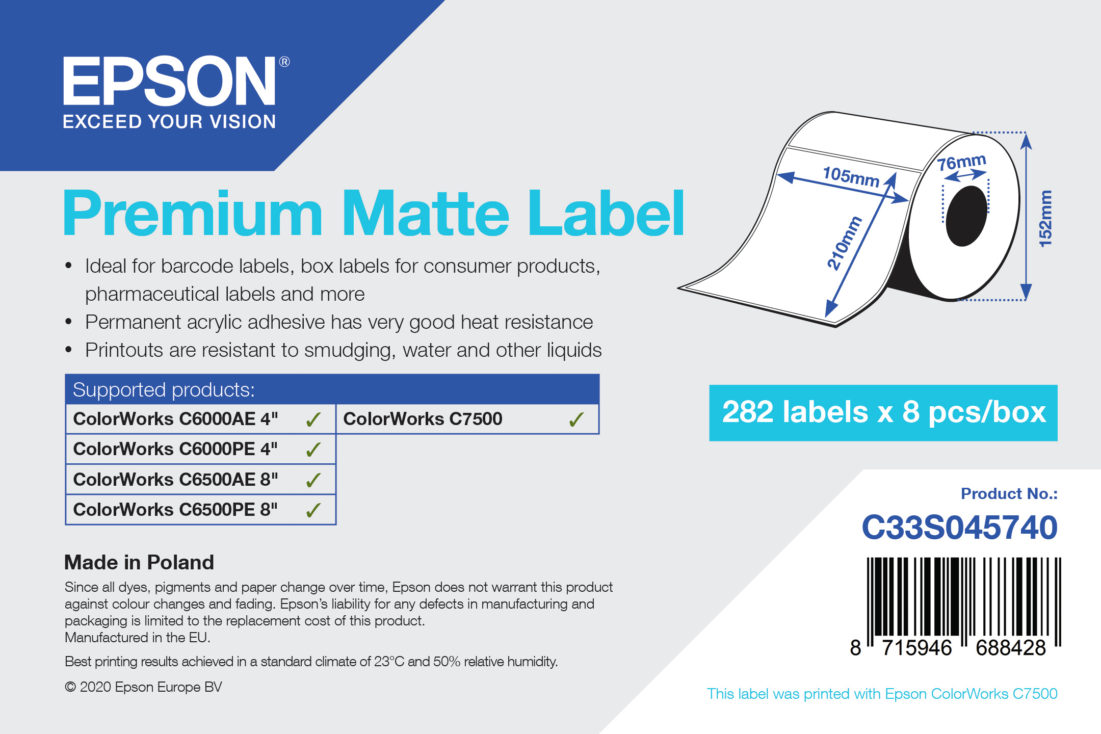 Epson Premium - Matt - permanenter Acrylklebstoff - hochweiß - 105 x 210 mm 2256 Etikett(en) (8 Rolle(n)