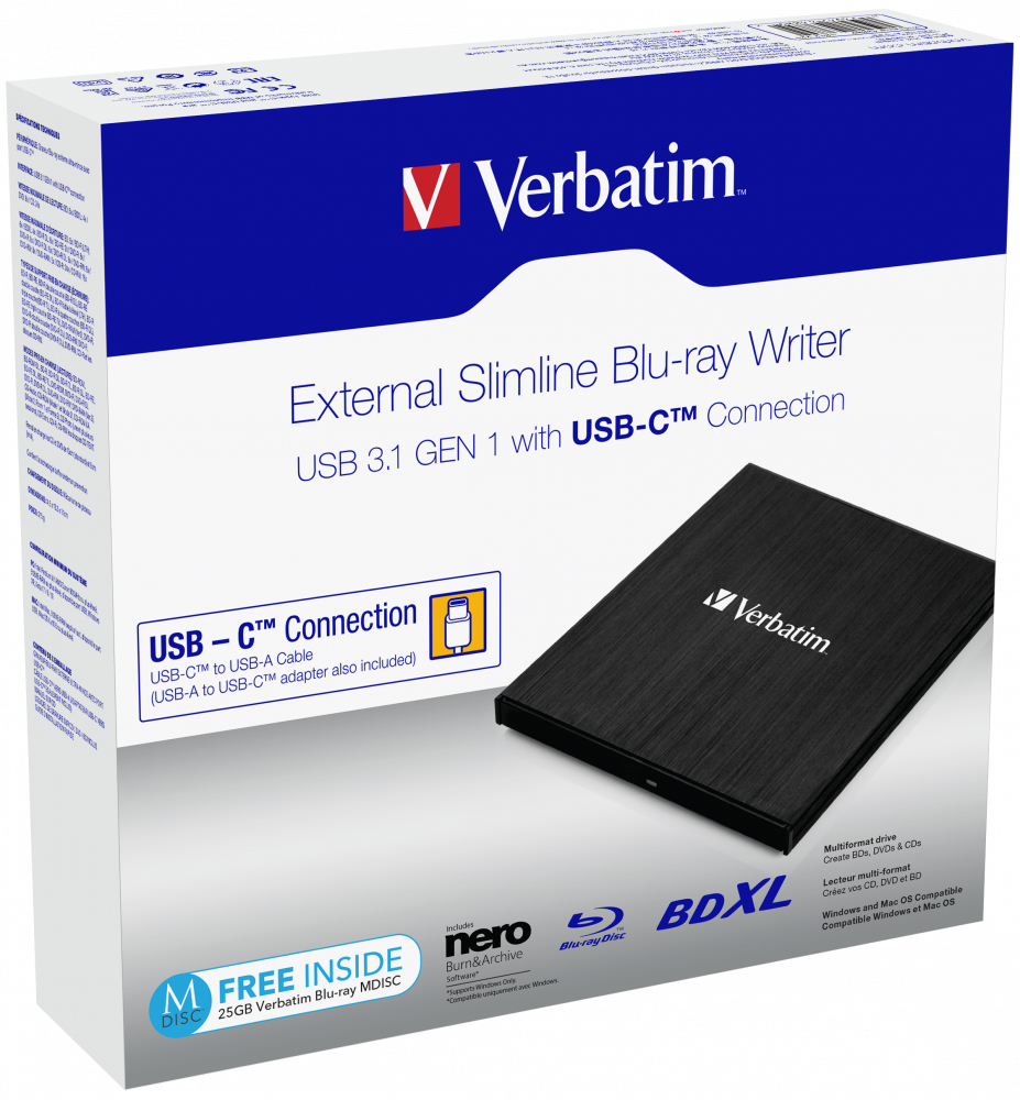 Verbatim Slimline - Laufwerk - BDXL Writer - 6x/4x - SuperSpeed USB 3.1 Gen 1 - extern (13,3 cm Slim Line)