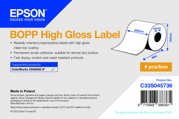 Epson BOPP - Hochglänzend - permanenter Acrylklebstoff - mikroporös - weiß - Rolle (20,3 cm x 68 m)