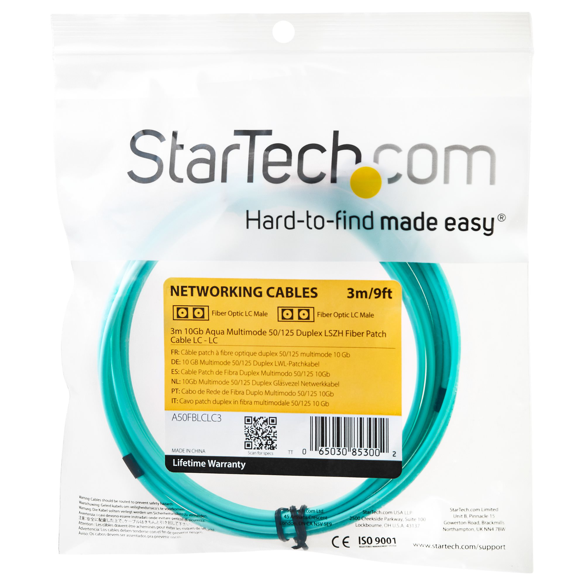 StarTech.com 3m Fiber Optic Cable - 10 Gb Aqua - Multimode Duplex 50/125 - LSZH - LC/LC - OM3 - LC to LC Fiber Patch Cable - Patch-Kabel - LC Multi-Mode (M)
