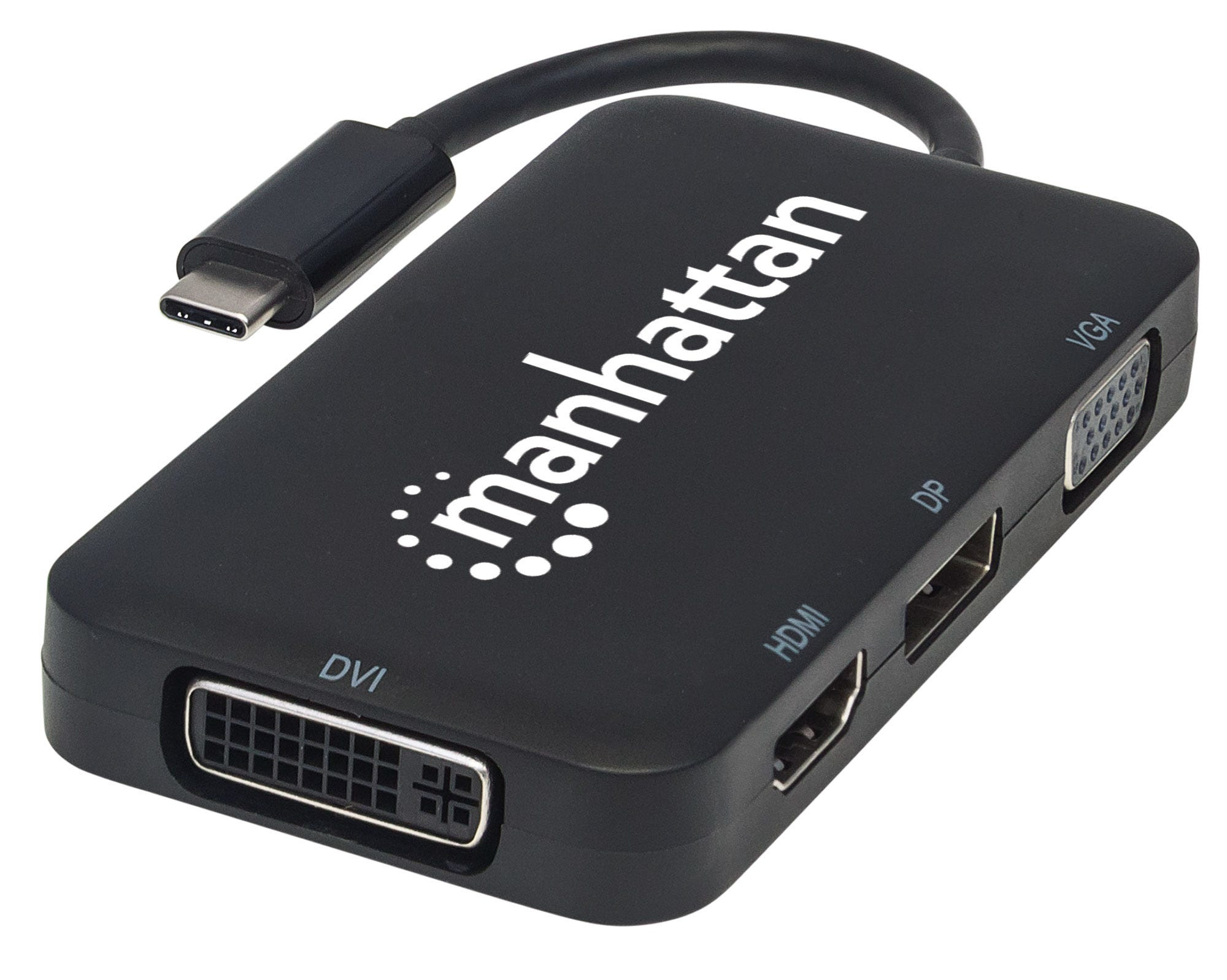 Manhattan USB-C Dock/Hub, Ports (x4): DisplayPort, DVI-I, HDMI or VGA, Note: Only One Port can be used at a time, External Power Supply Not Needed, Cable 8cm, Black, Three Year Warranty, Blister - Videoadapter - 24 pin USB-C männlich zu HD-15 (VGA)