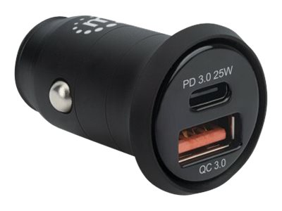 Manhattan Car/Auto Charger, USB-C & USB-A Outputs, USB-C Power Delivery up to 25W, USB-A Charging up to 18W (QC 3.0)
