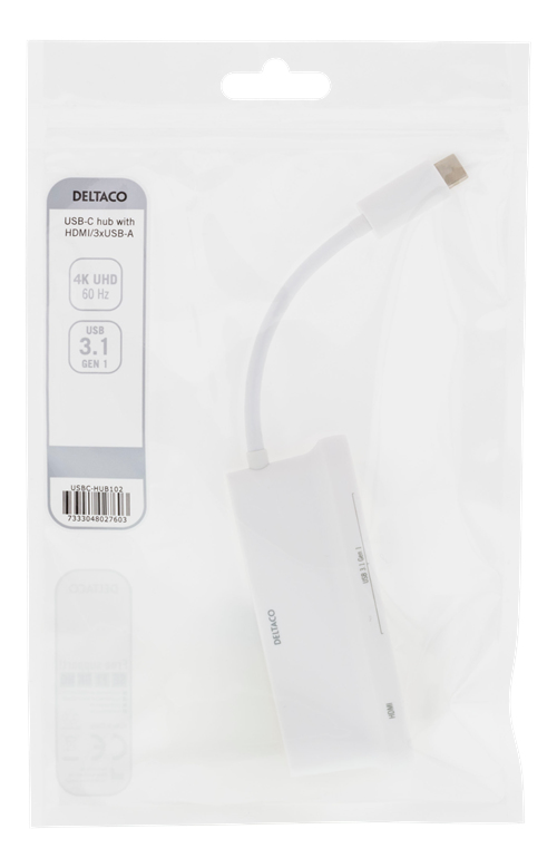 Deltaco USB-C hub 1x HDMI 4K at 30Hz 3x USB-A 3.1 white