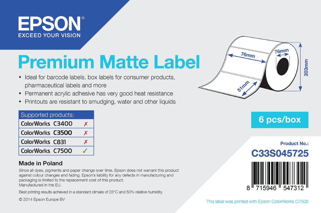 Epson Premium - Matt - permanenter Acrylklebstoff - 76 x 51 mm 2310 Etikett(en) (1 Rolle(n)