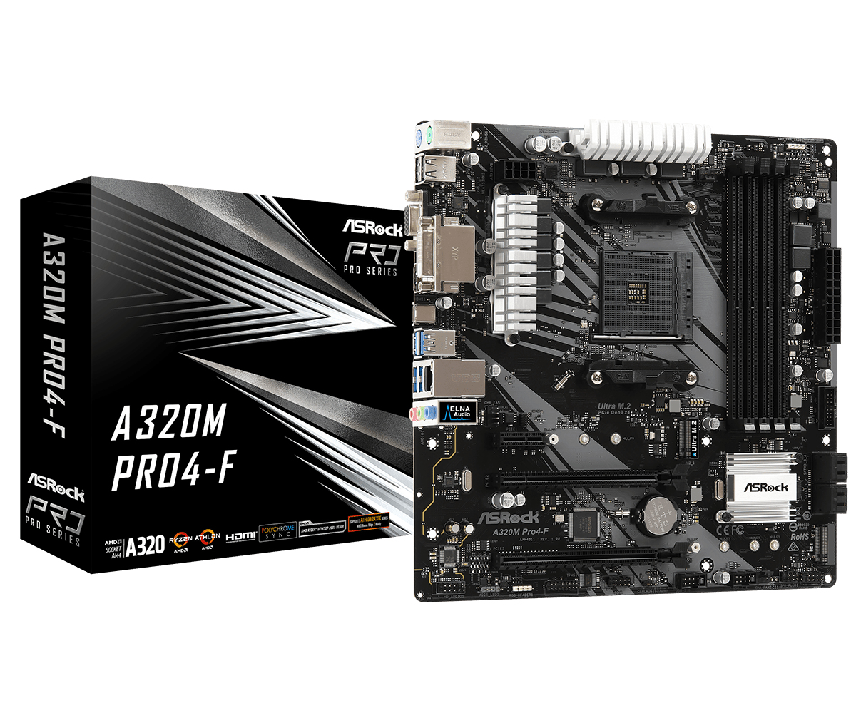 ASRock A320M Pro4-F - Motherboard - micro ATX - Socket AM4 - AMD A320 Chipsatz - USB 3.1 Gen 1, USB-C Gen1 - Gigabit LAN - Onboard-Grafik (CPU erforderlich)