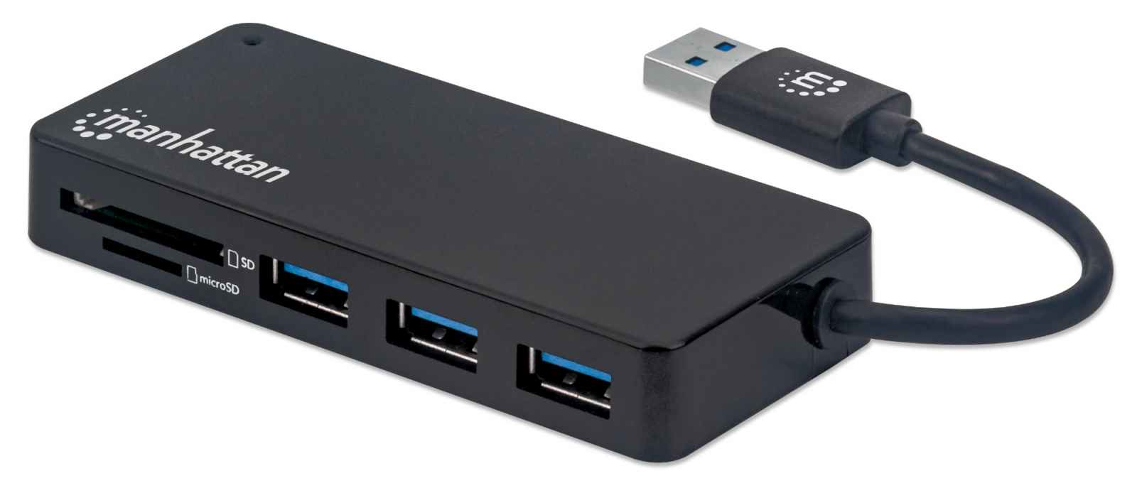 Manhattan USB-A 3-Port Hub with Card Reader, 3x USB-A ports, 5 Gbps (USB 3.2 Gen1 aka USB 3.0)