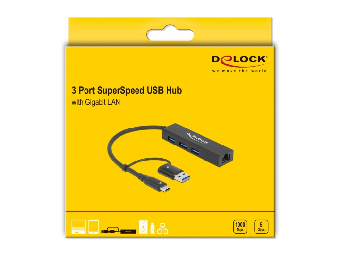 Delock Hub - 3 x USB 3.2 Gen 1 + 1 x 10/100/1000 + 1 x USB-C 3.2 Gen 1