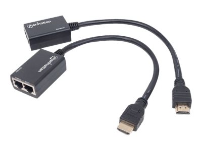 Manhattan 1080p HDMI over Ethernet Extender with Integrated Cables, Distances up to 30m with 2x Cat5e or Cat6 Ethernet Cables (not included)