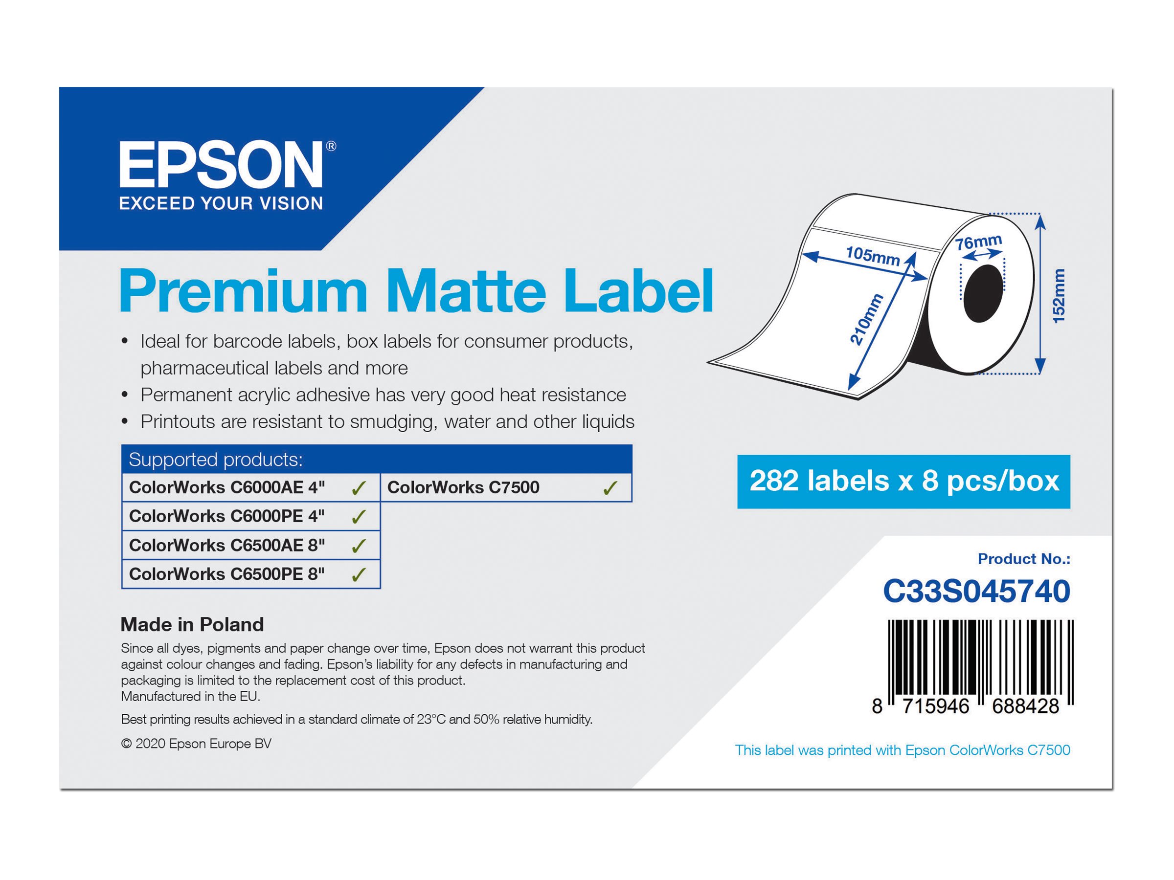 Epson Premium - Matt - permanenter Acrylklebstoff - hochweiß - 105 x 210 mm 2256 Etikett(en) (8 Rolle(n)