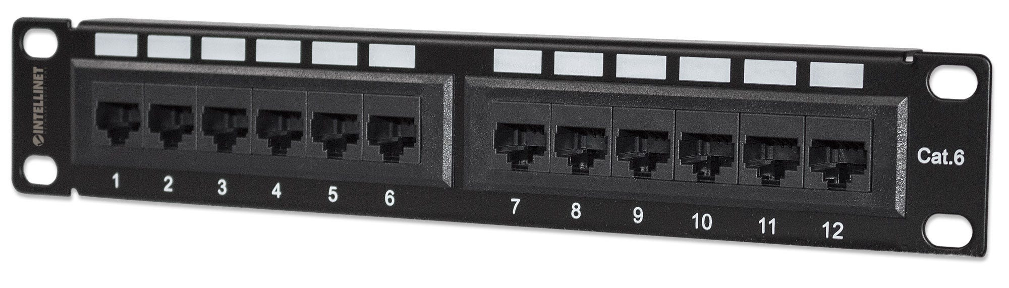 Intellinet 10" 12-Port Cat6 Patchpanel, UTP, 10", 1 HE, schwarz - Patch Panel - Rack montierbar - RJ-45 X 12 - Schwarz, RAL 9005 - 1U - 25.4 cm (10")
