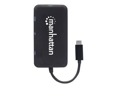 Manhattan USB-C Dock/Hub, Ports (x4): DisplayPort, DVI-I, HDMI or VGA, Note: Only One Port can be used at a time, External Power Supply Not Needed, Cable 8cm, Black, Three Year Warranty, Blister - Videoadapter - 24 pin USB-C männlich zu HD-15 (VGA)