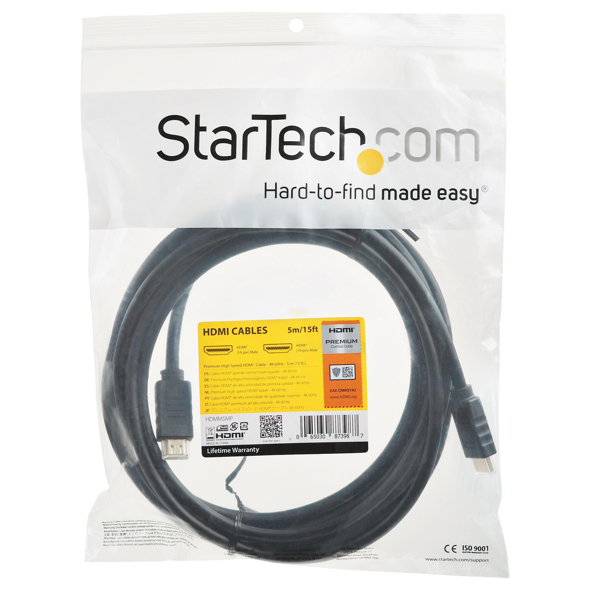 StarTech.com 4K HDMI Kabel - 5m - Premuim High Speed HDMI Kabel 60Hz - HDMI 2.0 - HDR - 3D - 1080p- Stecker/Stecker - 4K Wiedergabe - HDMI mit Ethernetkabel - HDMI (M)