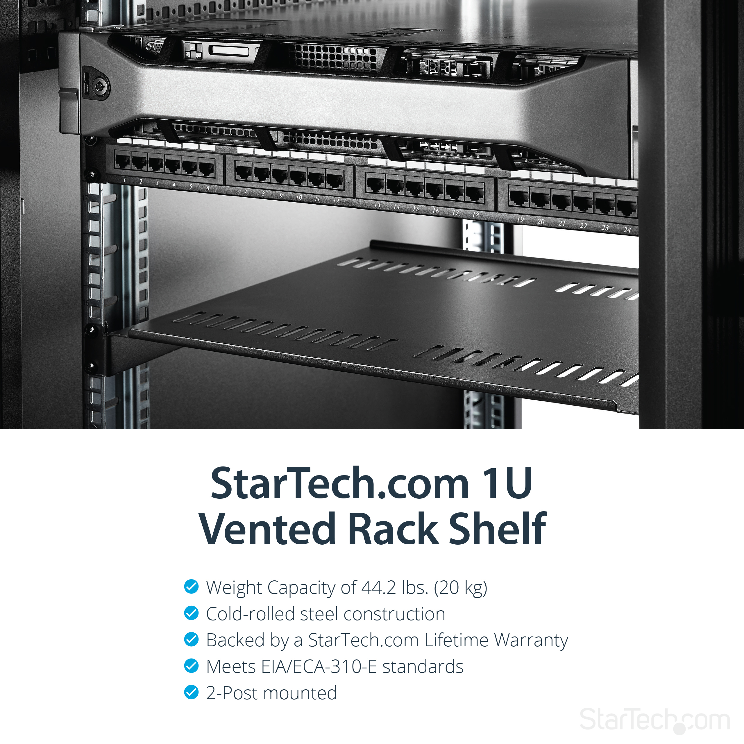 StarTech.com Belüfteter Server Rack Fachboden 1 HE - 40,6 cm Tief - Stahl - Rack - Regal - Schwarz - 1U - 40.6 cm (16")