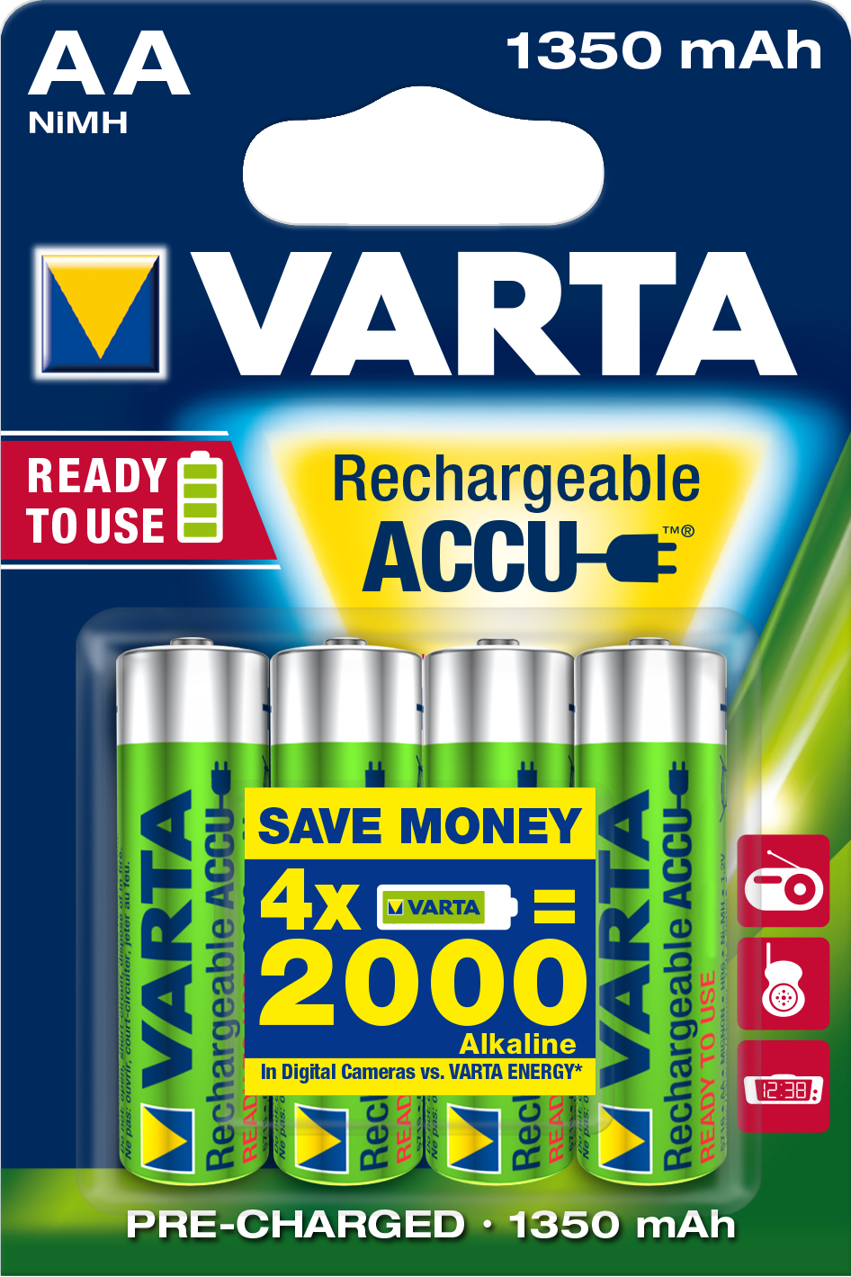 Varta Batterie AA-Typ - NiMH - (wiederaufladbar) - 1350 mAh (Packung mit 4)