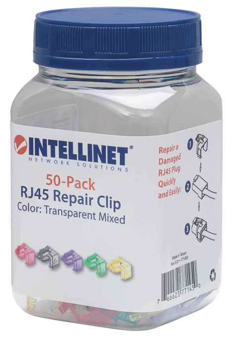 Intellinet 50er-Pack RJ45-Reparaturclips, Zur Reparatur von RJ45-Modularsteckern, verschiedene Farben, 50 Stück - Netzwerkanschluss Reparatur-Clip - farbig sortiert (Packung mit 50)