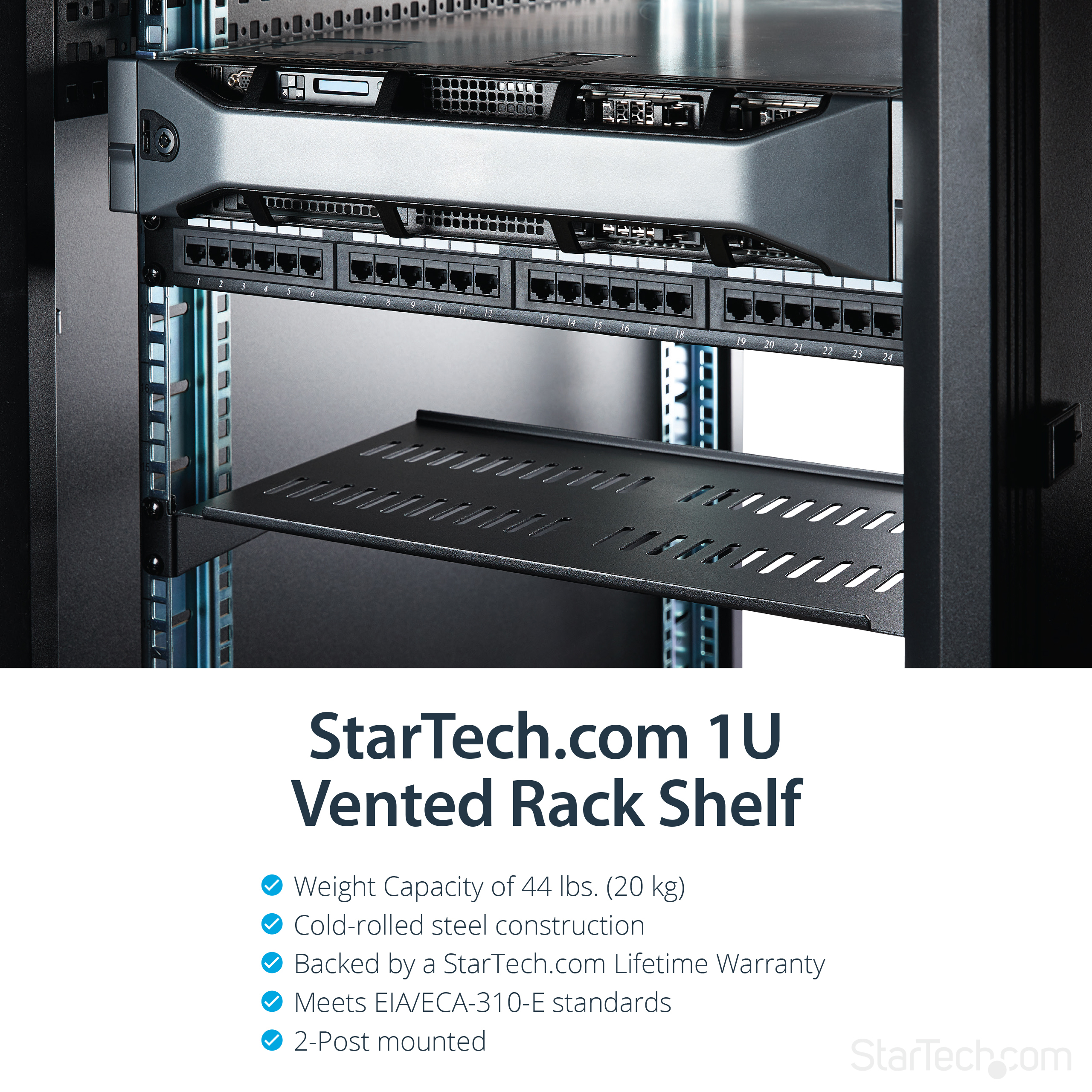 StarTech.com Belüfteter Server Rack Fachboden 1 HE - 25 cm Tief - Stahl - Rack - Regal - Schwarz - 1U - 25.4 cm (10")