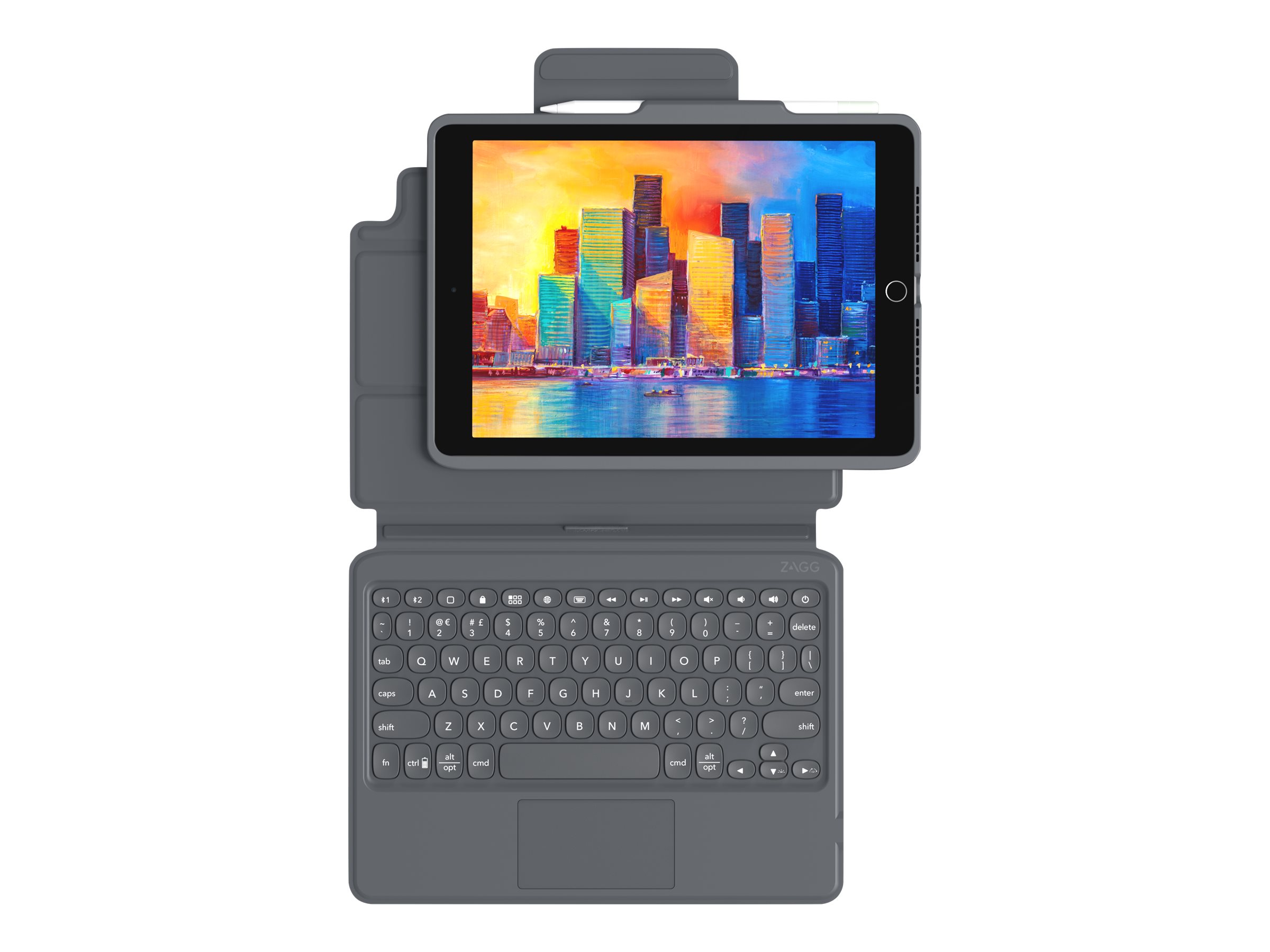 ZAGG Pro Keys with Trackpad - Tastatur und Foliohülle - hintergrundbeleuchtet - Bluetooth - Nordisch - Schwarz/Grau Tastatur, Schwarz/Grau Gehäuse - für Apple 10.2-inch iPad (7. Generation, 8. Generation, 9. Generation)