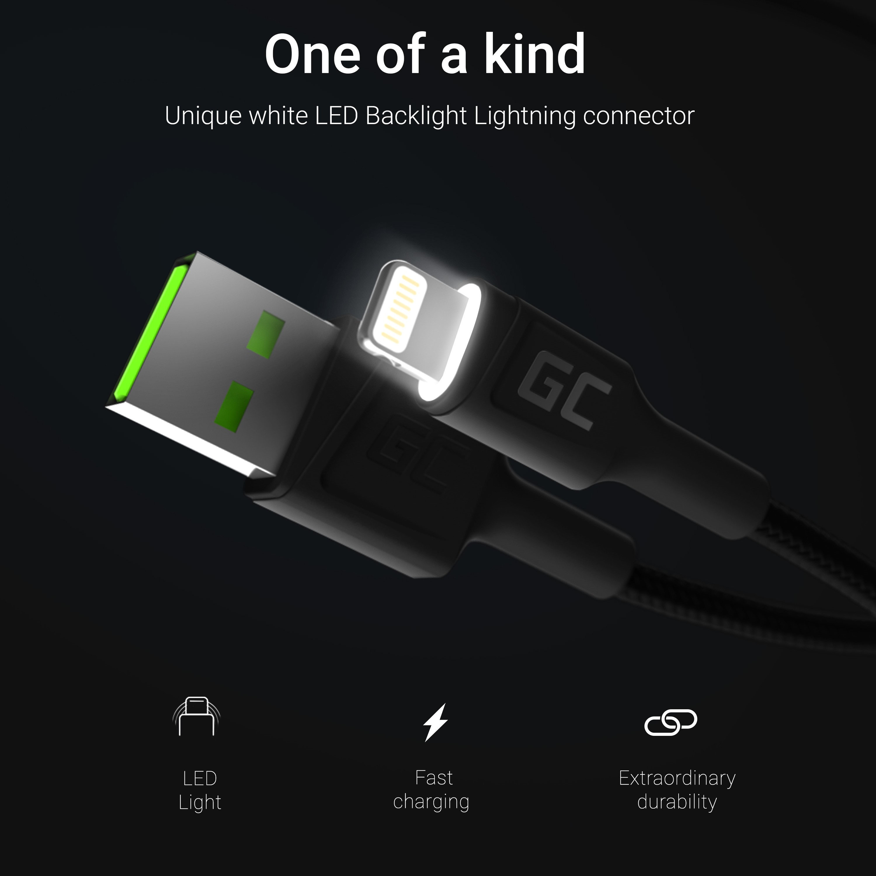 Green Cell GC Ray - Lightning-Kabel - USB männlich zu Lightning männlich weiße LED-Beleuchtung - 2 m - Doppelisolierung - Schwarz - für Apple iPad/iPhone/iPod (Lightning)