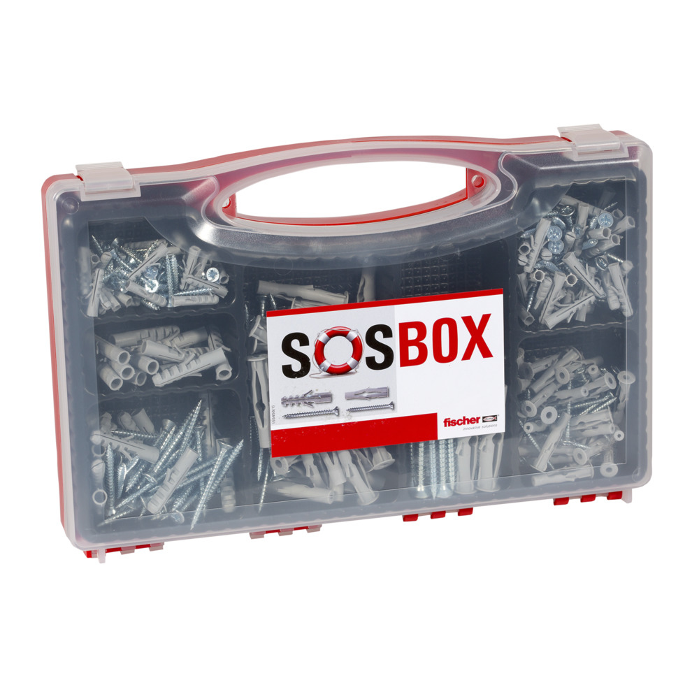 fischer SOSBOX Dübel S + FU + Schrauben - Schrauben- & Dübelsatz - Beton - Metall - Kunststoff - Grau - Stahl - 180 Stück(e)
