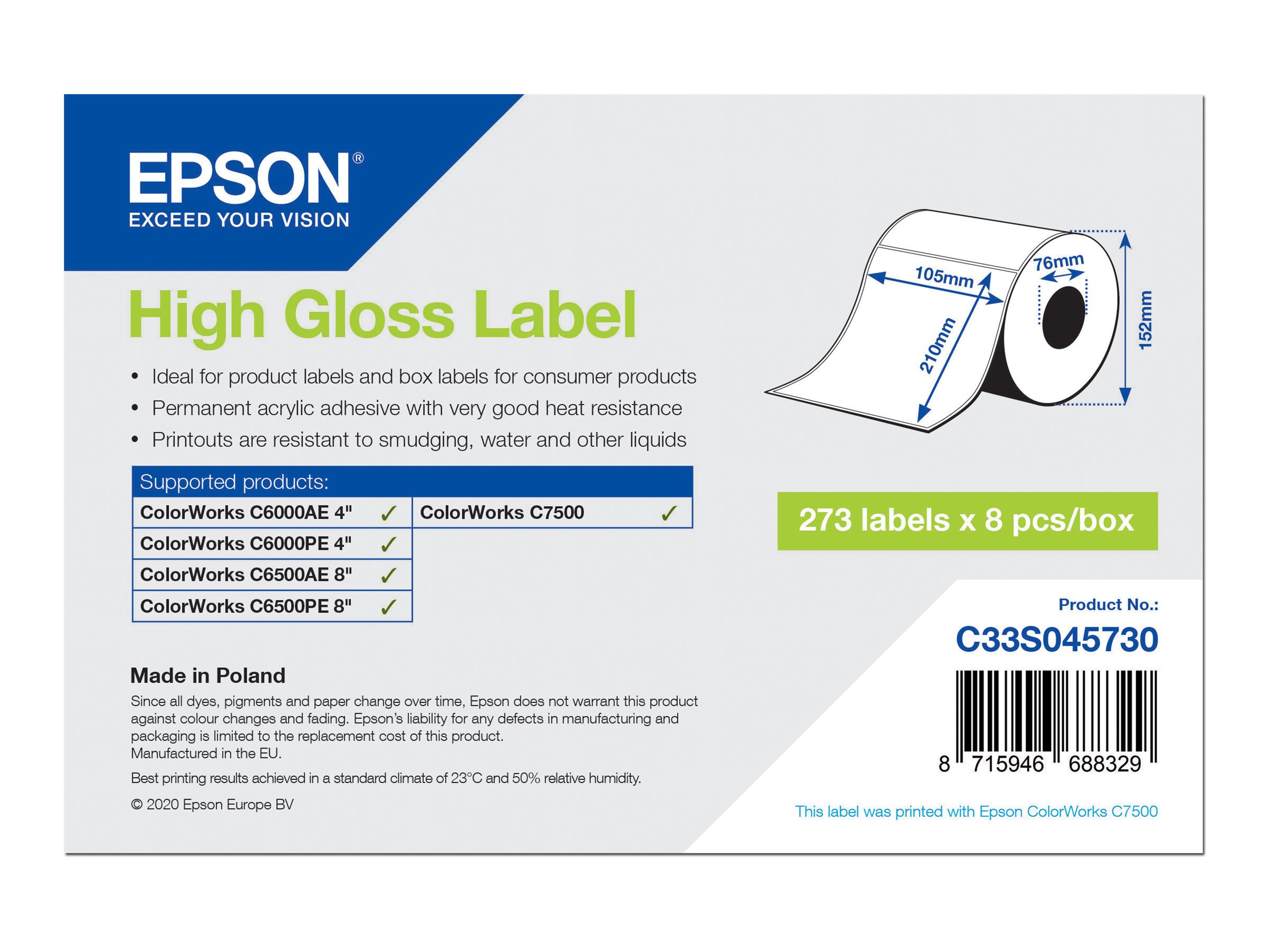 Epson Hochglänzend - permanenter Acrylklebstoff - 105 x 210 mm 273 Etikett(en) (1 Rolle(n)