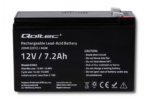Qoltec 53062 AGM battery| 12V| 7.2 Ah| max 108A - Batterie - 7.200 mAh