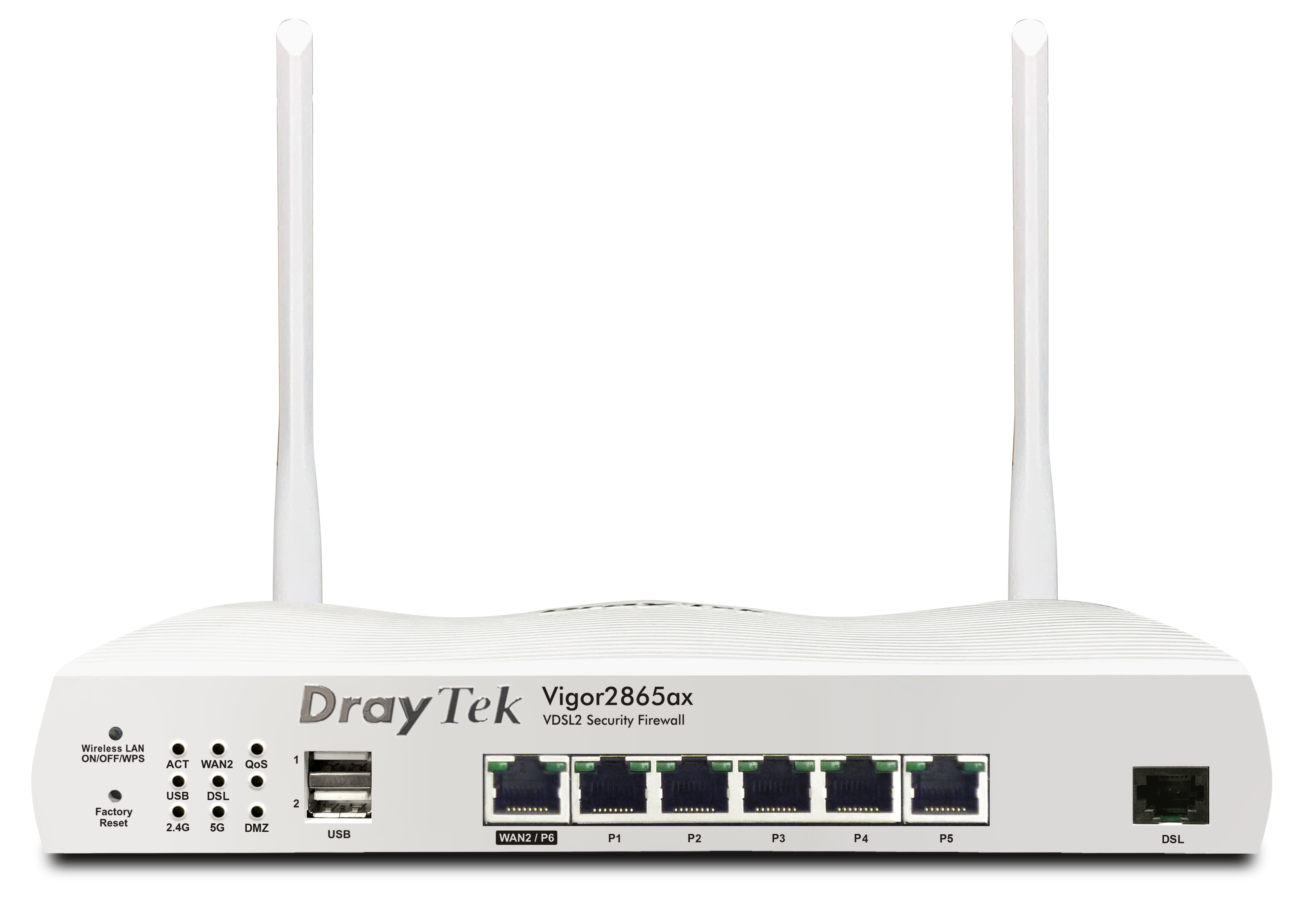 Draytek Vigor 2865ax - Wi-Fi 6 (802.11ax) - Dual-Band (2,4 GHz/5 GHz) - Eingebauter Ethernet-Anschluss - ADSL2 - Weiß - Tabletop-Router