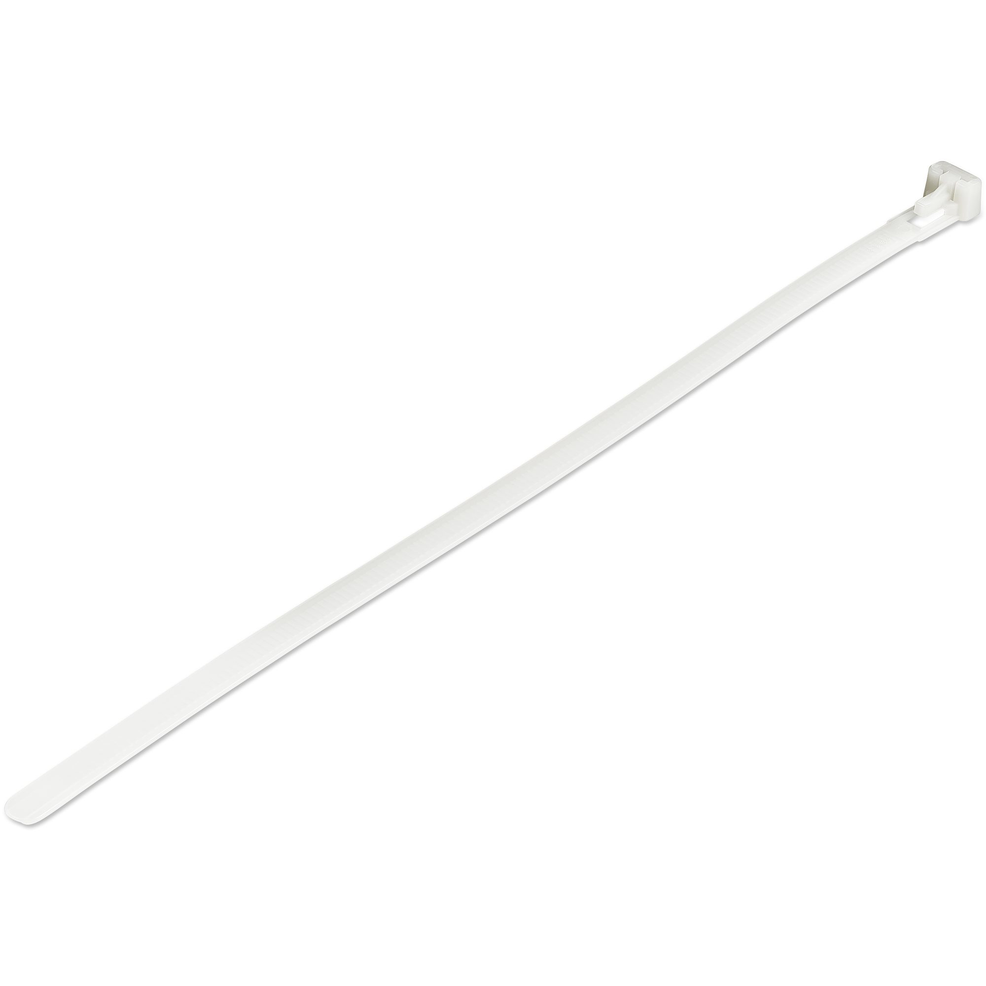 StarTech.com 10"(25cm) Reusable Cable Ties, 1/4"(7mm) wide, 2-1/2"(65mm) Bundle Dia. 50lb(22kg) Tensile Strength, Releasable Nylon Ties, Indoor/Outdoor, 94V-2/UL Listed, 100 Pack, White - Nylon 66 Plastic - TAA (CBMZTRB10)