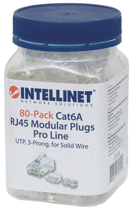 Intellinet 80er-Pack Cat6A RJ45-Modularstecker Pro Line, UTP, 3-Punkt-Aderkontaktierung, für Massivdraht, 80 Stecker im Becher, 50 µ vergoldete Kontakte - Netzwerkanschluss - RJ-45 (M)