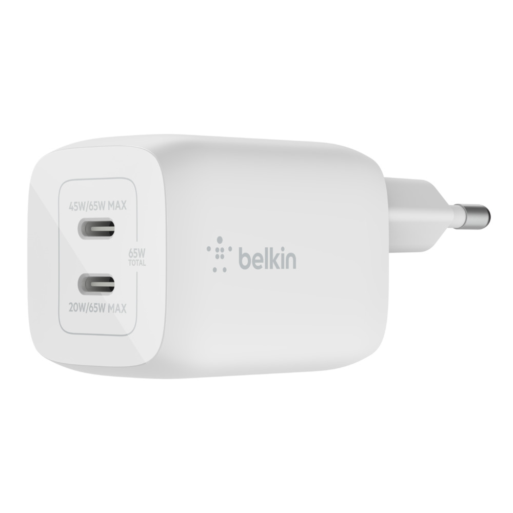 Belkin BoostCharge Pro GaN - Netzteil - PPS- und GaN-Technologie - 65 Watt - Fast Charge, PD 3.0 - 2 Ausgabeanschlussstellen (2 x USB-C)