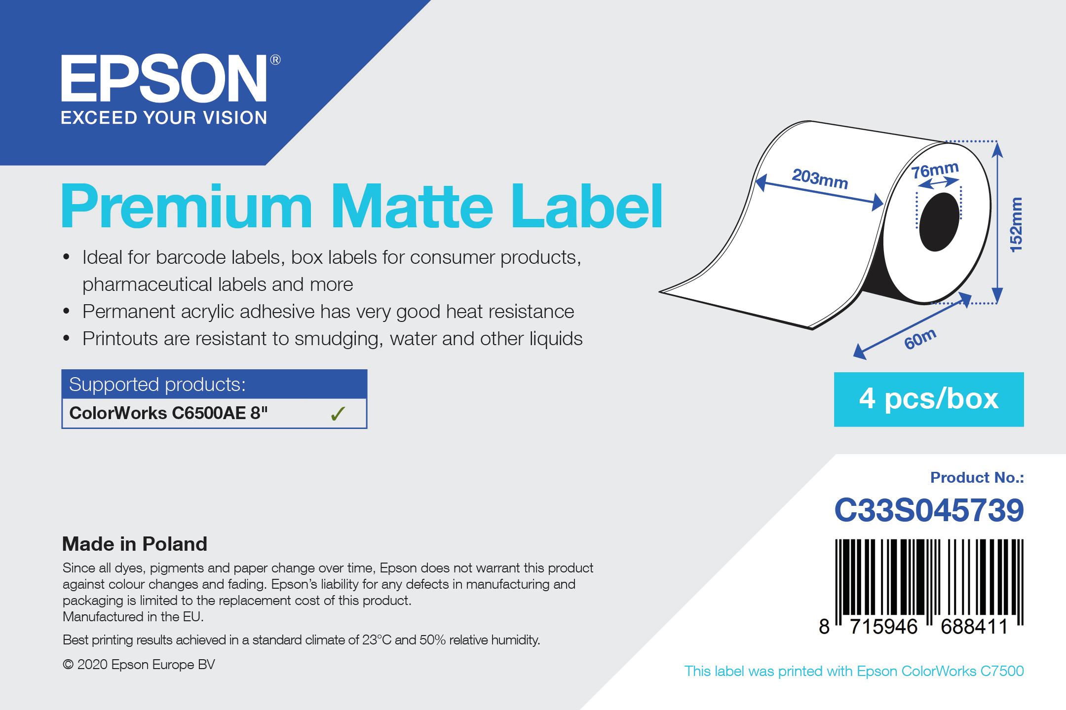 Epson Premium - Glatt matt - permanenter Acrylklebstoff - hochweiß - Rolle (20,3 cm x 60 m)