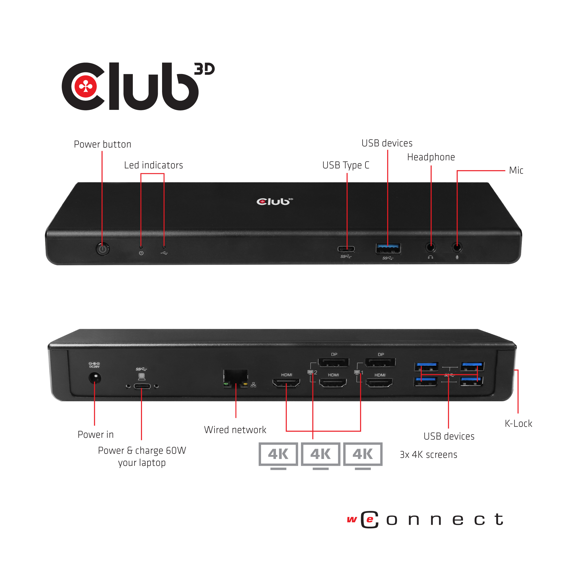 Club 3D SenseVision Connect USB C 3.2 Gen1 Universal Triple 4K Charging Dock
