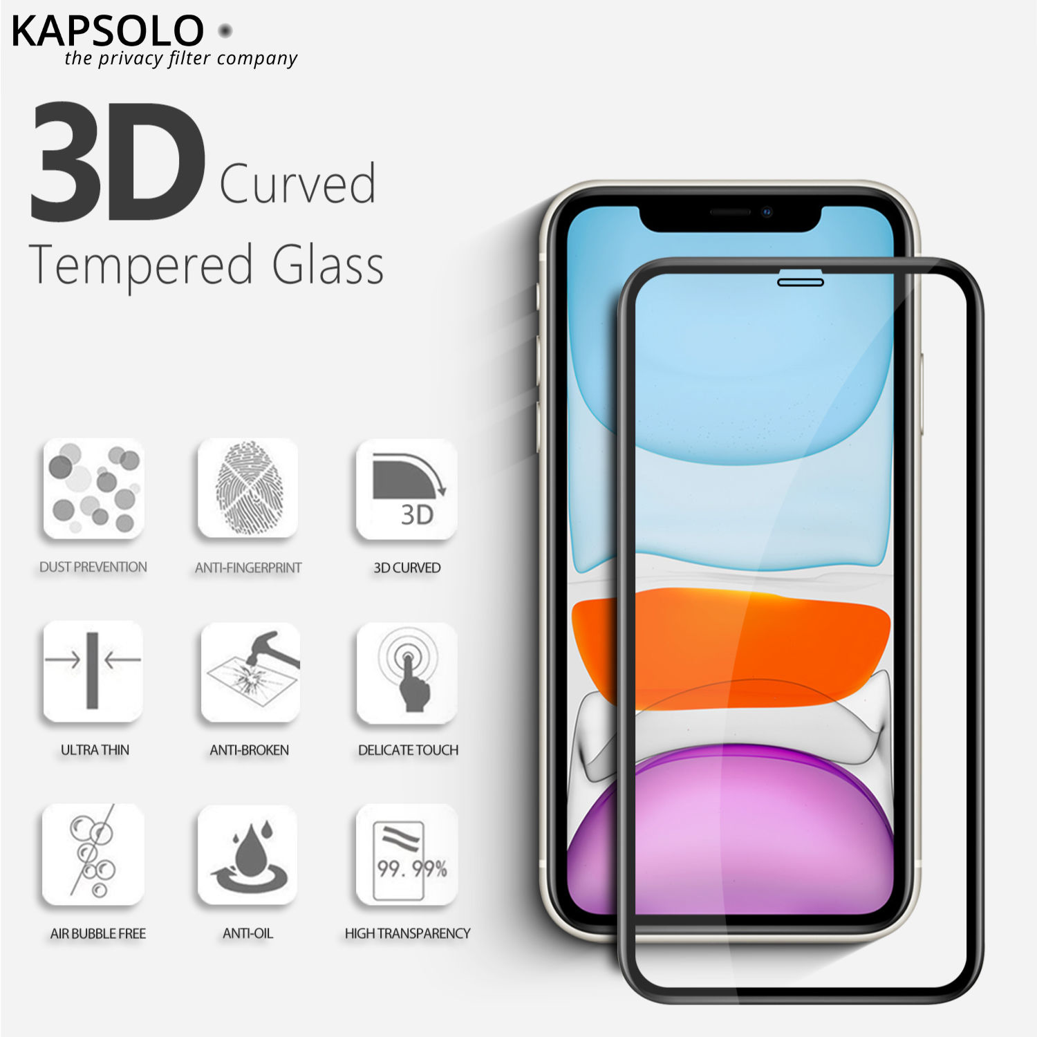 KAPSOLO Displayschutzglas - vollflächiges Displayschutz mit abgerundete Kanten - Temperglas - 3D schutzglas für Apple iPhone XR - Klare Bildschirmschutzfolie - Apple - iPhone XR